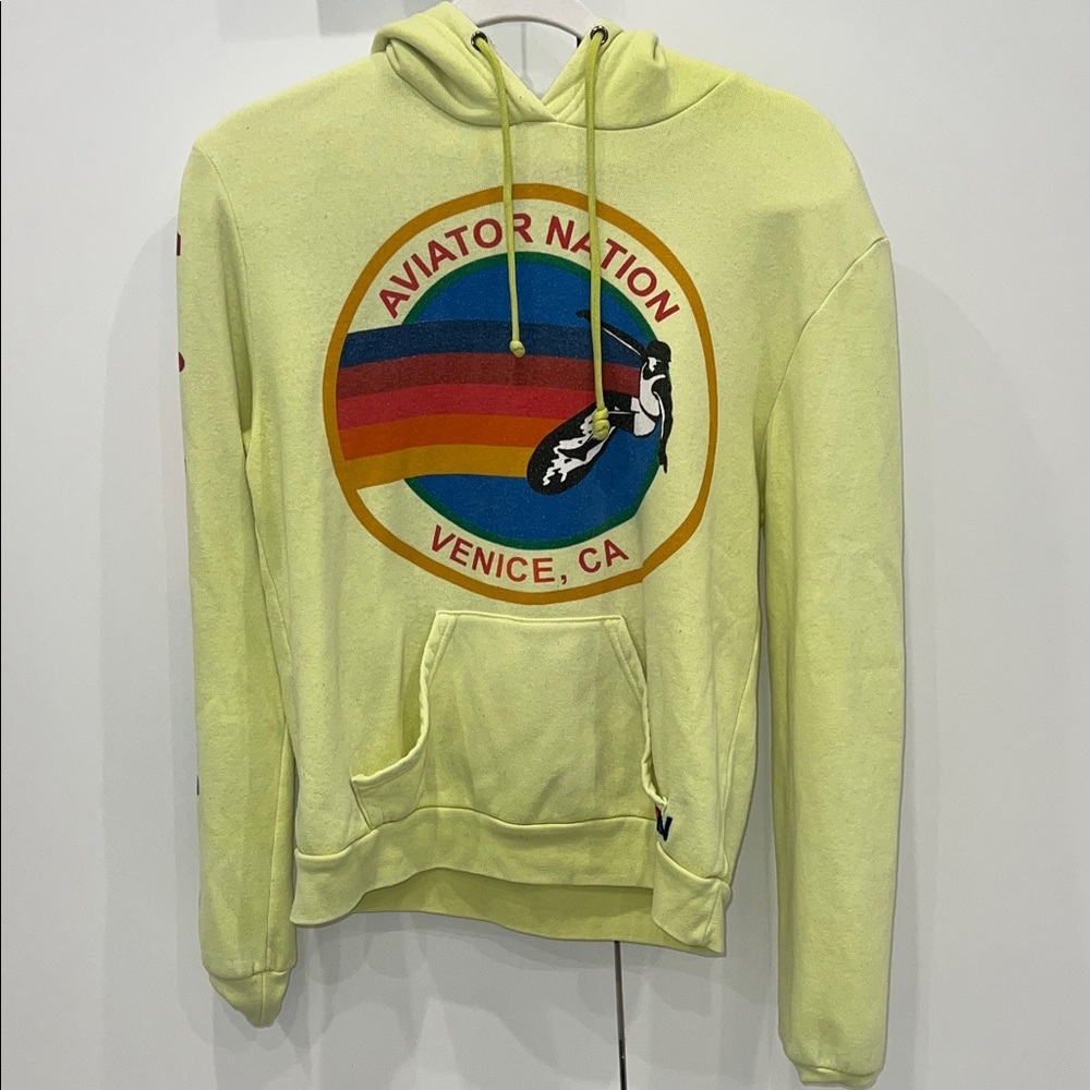 Aviator Nation Pullover- Neon Yellow Hoodie With Rainbow Logo